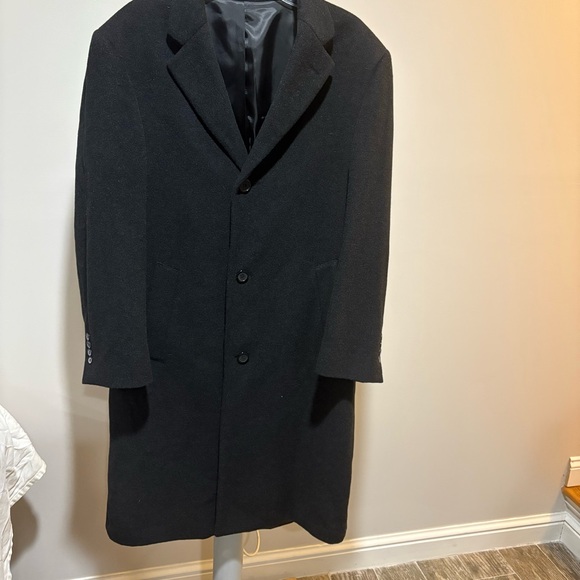 Chaps Mens Overcoat Wool Blend Trench 3 Button 38R Black Long Classic Preppy - Picture 1 of 13